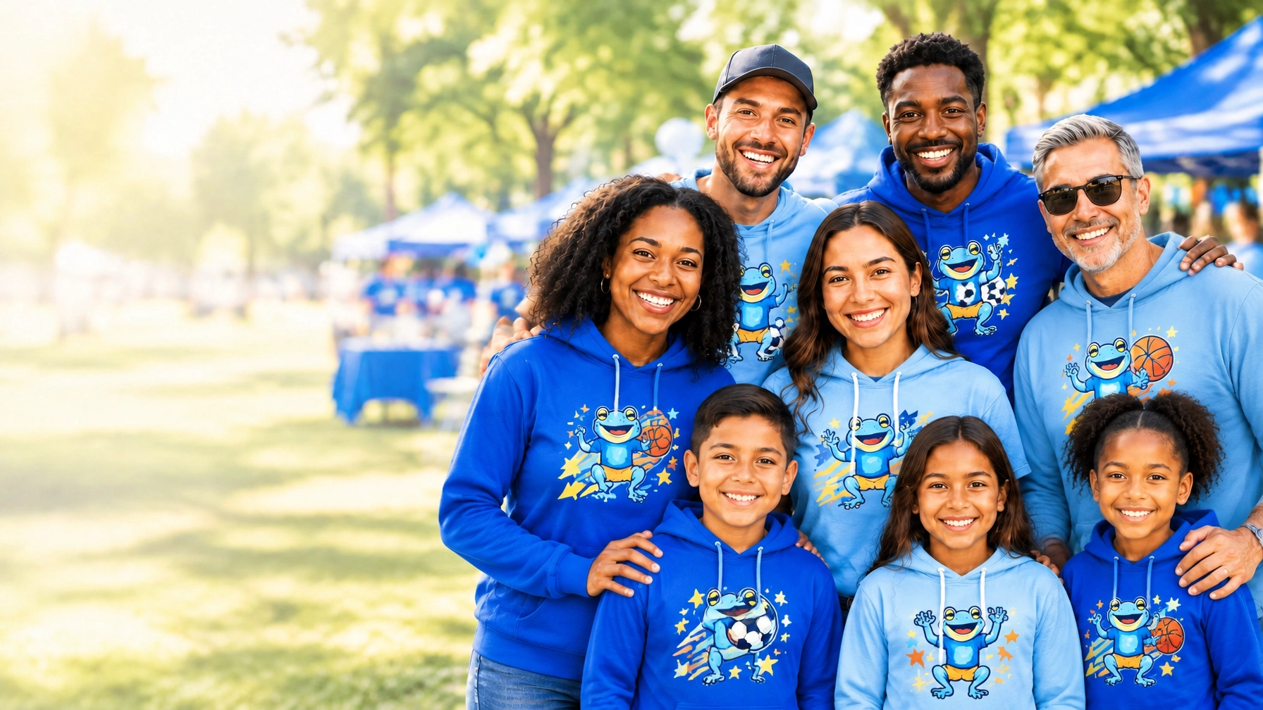 Families and children smiling together in colorful printed hoodies