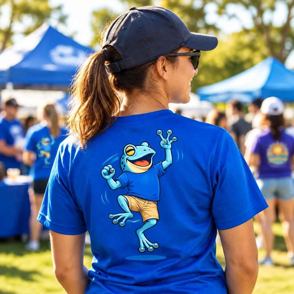 Community event volunteer wearing a blue shirt with a full-color frog print