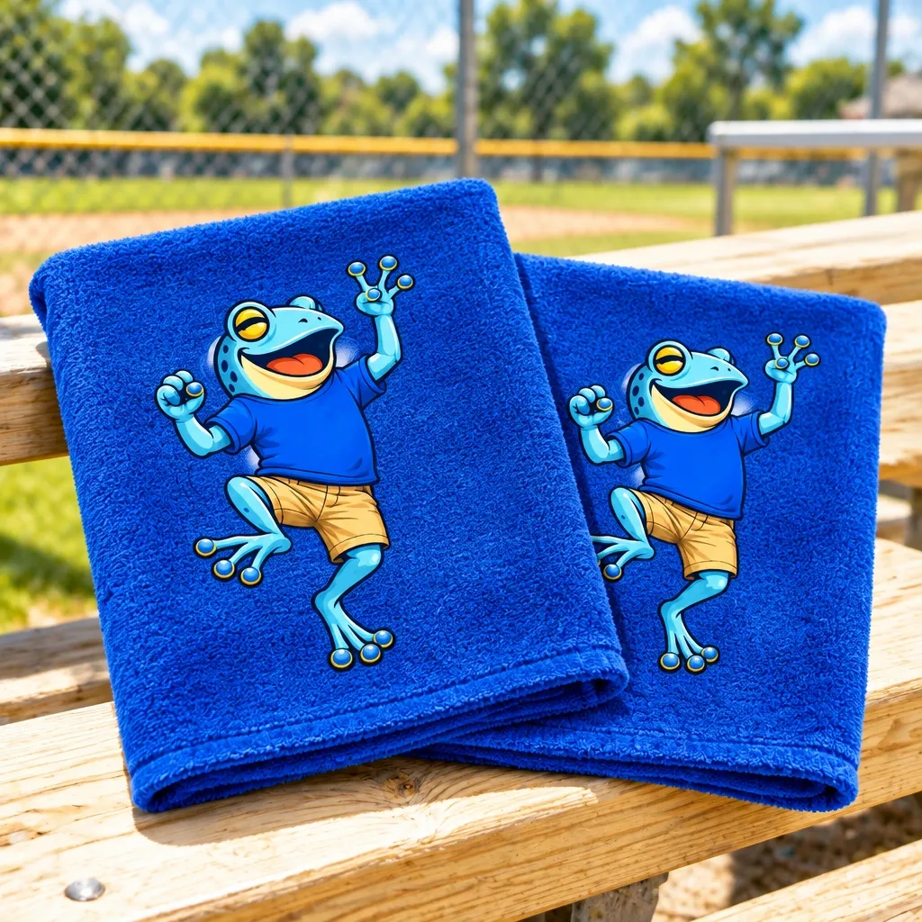 Blue rally towels printed with full-color frog mascot designs