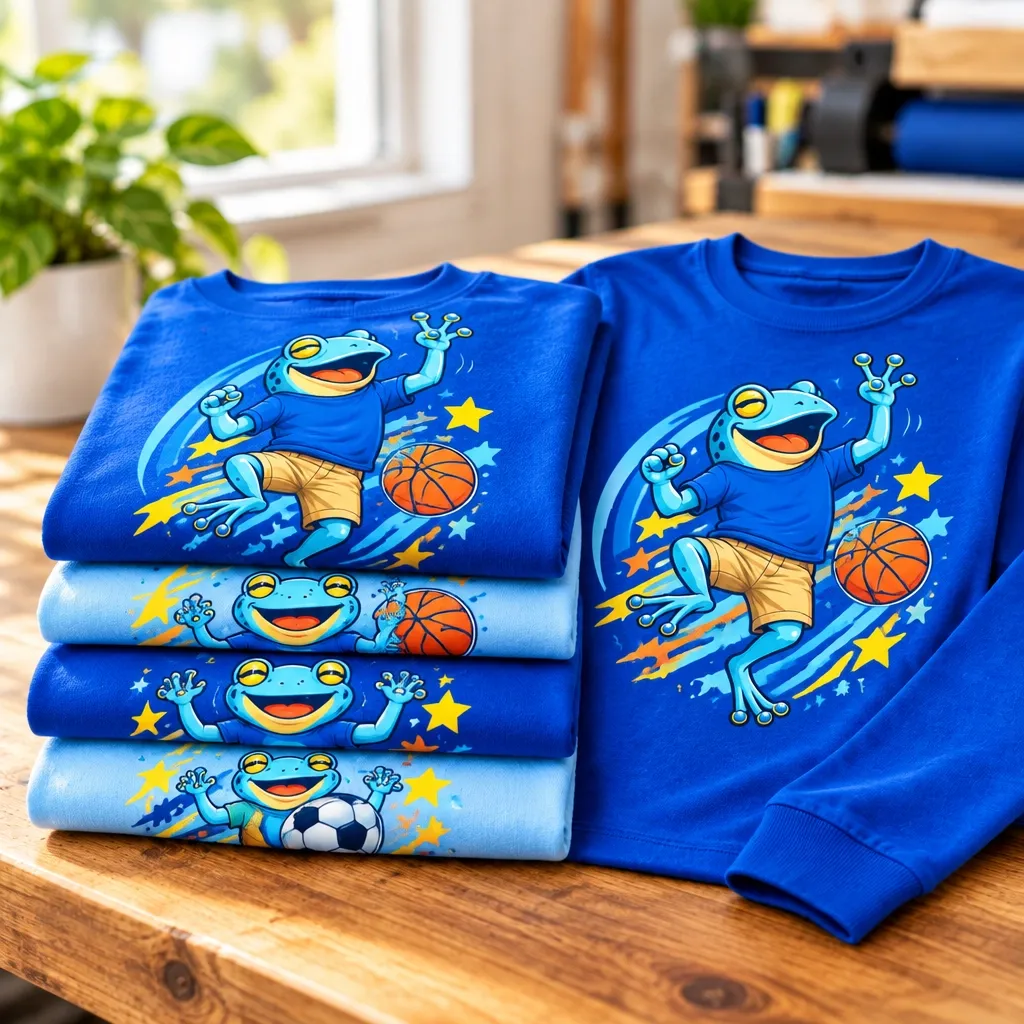 Folded blue printed shirts showing colorful frog mascot designs