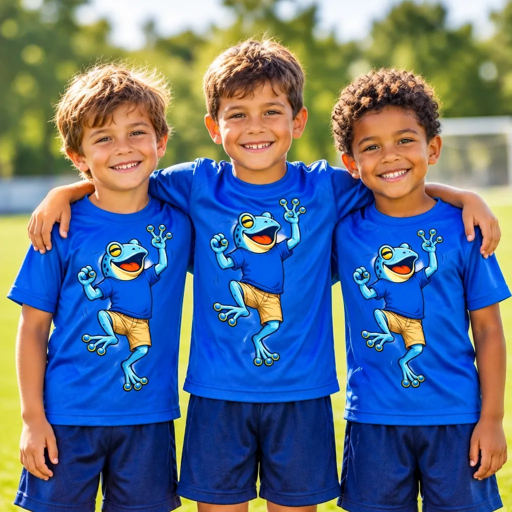 Youth ball team in blue shirts with full-color printed frog mascots