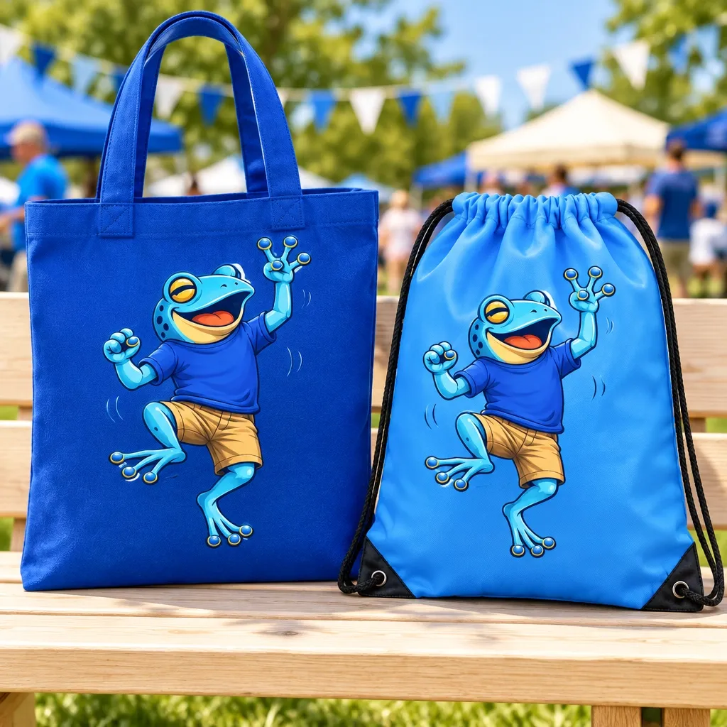 Royal blue tote and sky blue drawstring bag printed with full-color frog designs