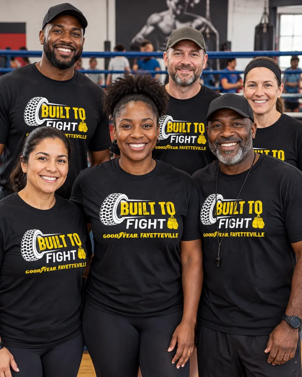 Diverse community fitness volunteers wearing Built to Fight shirts at a non-contact boxing fundraiser