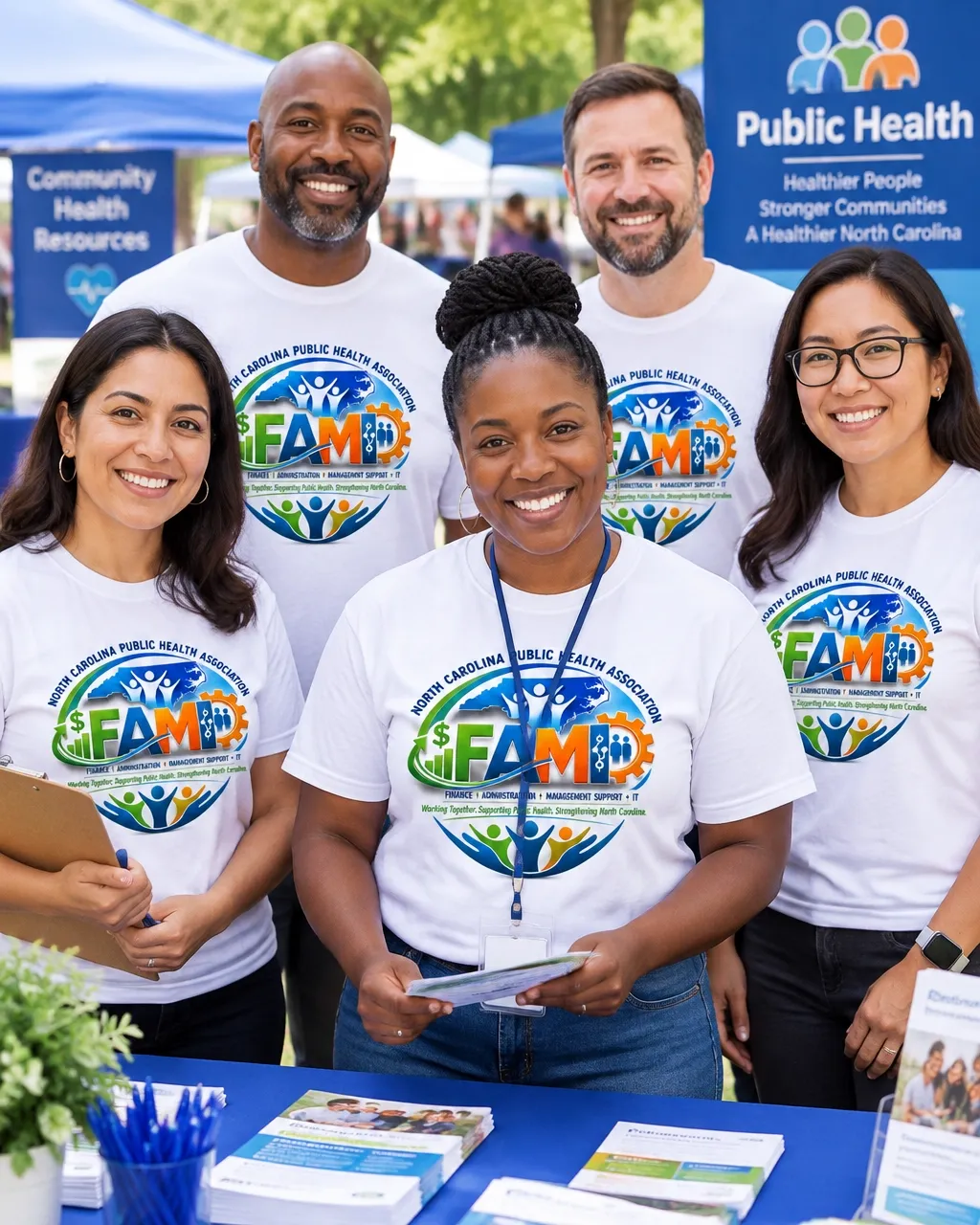 Diverse public health professionals wearing FAM shirts at a community health fair