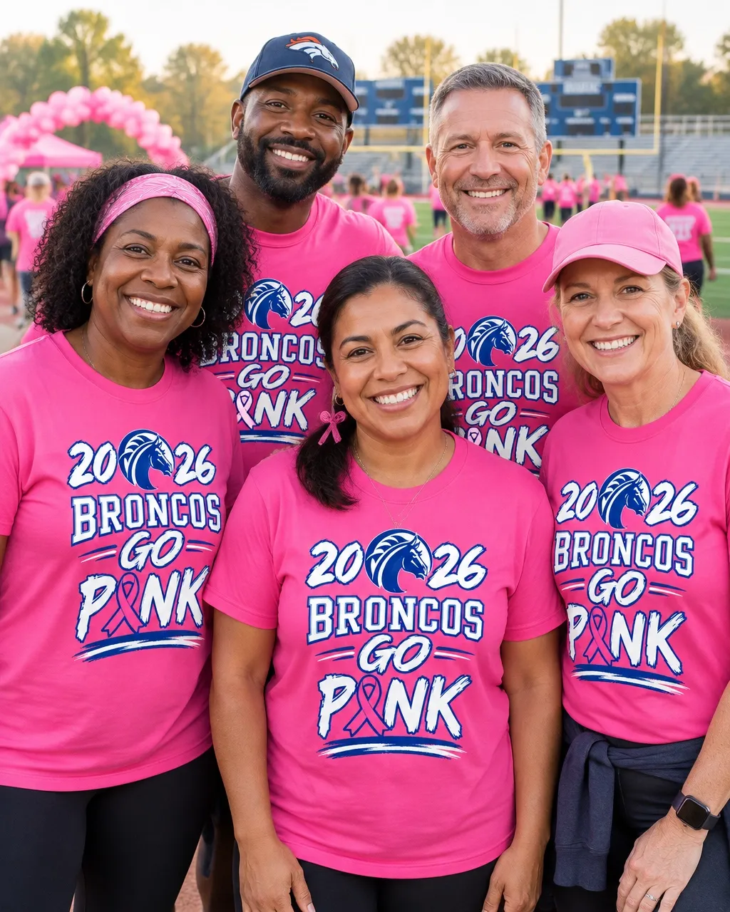 Diverse Broncos supporters wearing pink Go Pink shirts at a community awareness walk
