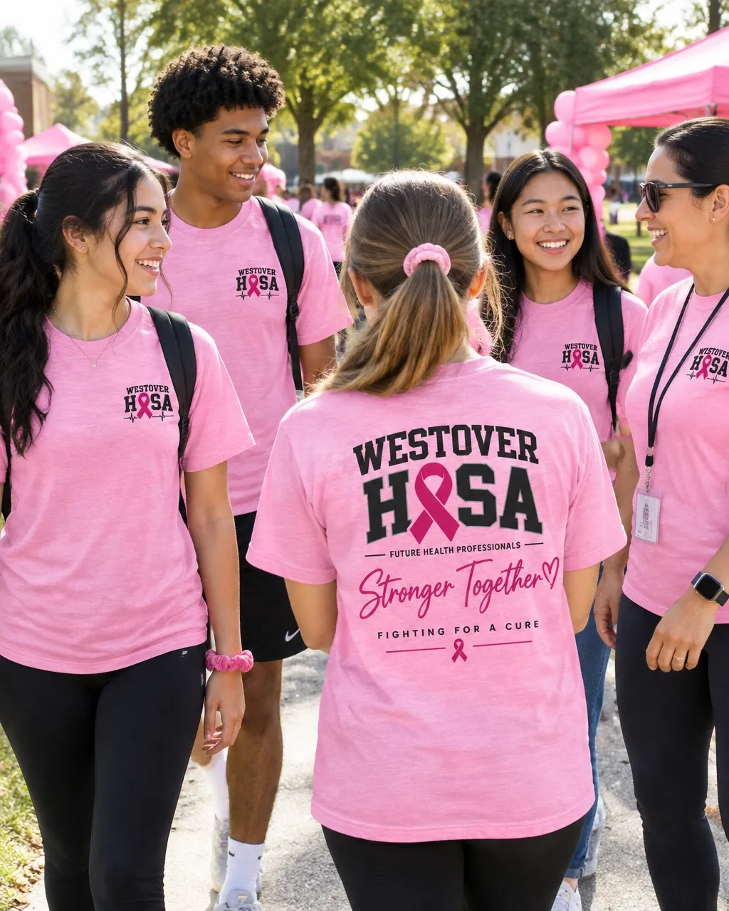 High school students of varied backgrounds wearing pink Westover HOSA shirts at a school awareness event