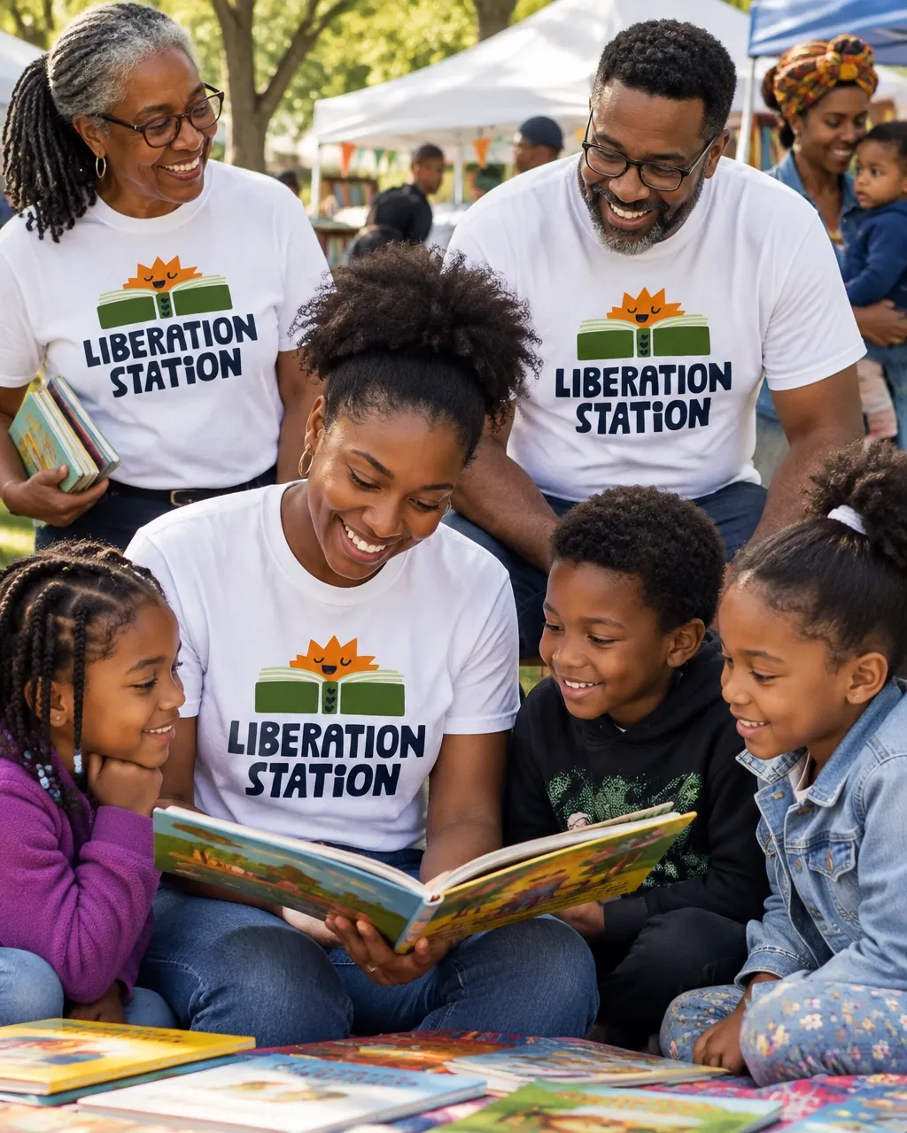Black families and educators wearing Liberation Station shirts while reading together at a community literacy event
