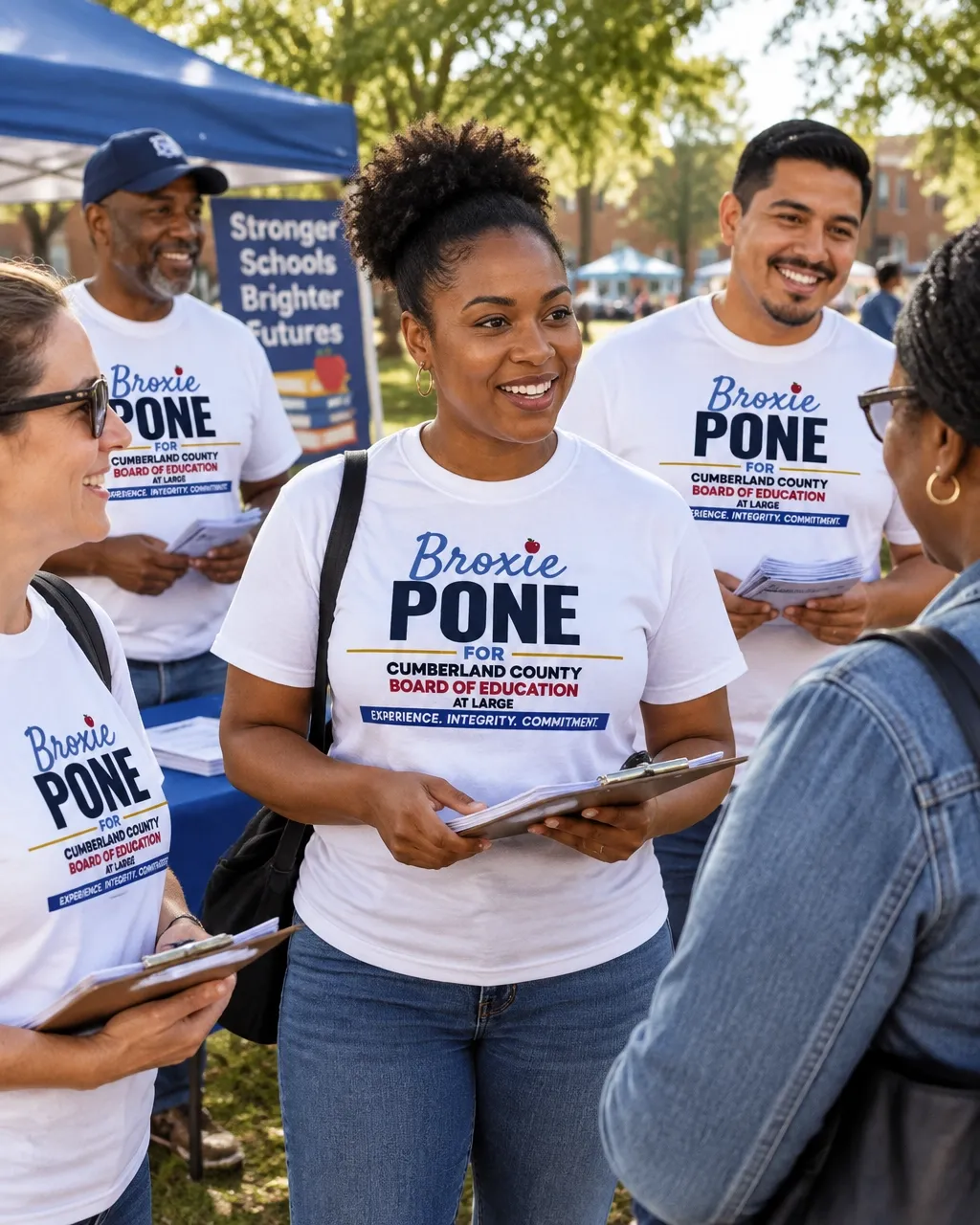Diverse community volunteers wearing Broxie Pone for Cumberland County Board of Education shirts at a local outreach event
