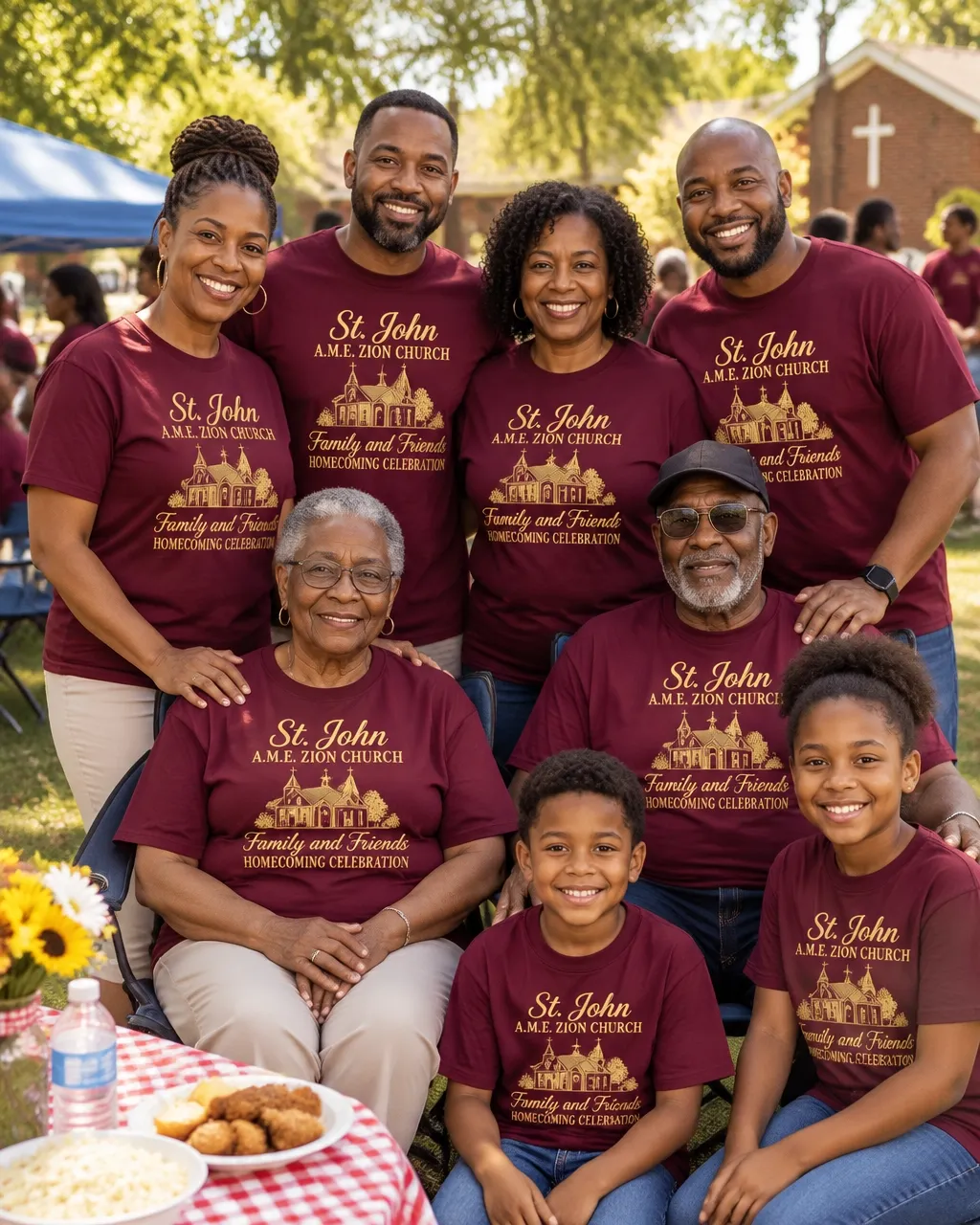 A multigenerational Black church congregation wearing burgundy St. John AME Zion homecoming shirts