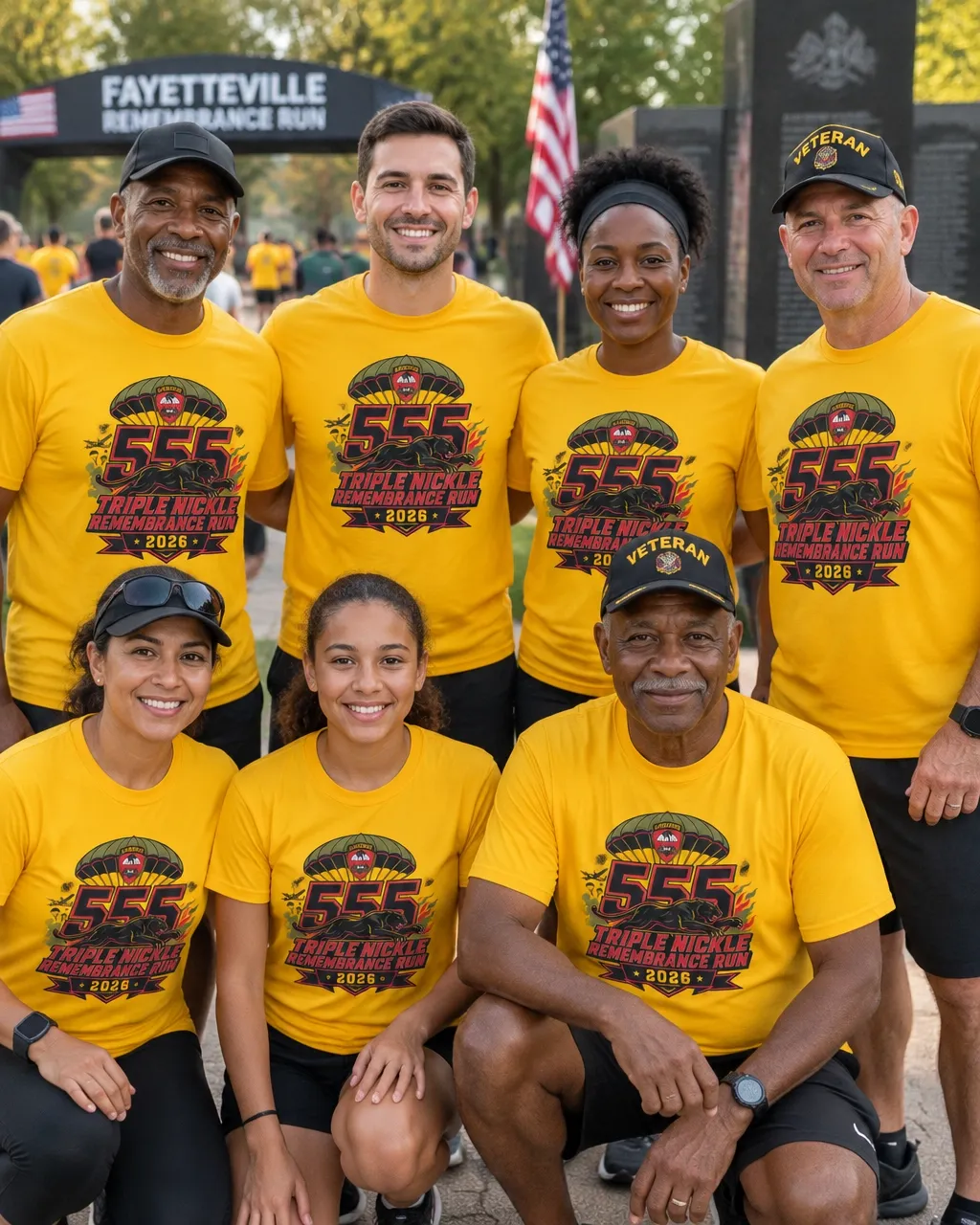 Diverse adults and veterans wearing Triple Nickel Remembrance Run shirts at a respectful community run