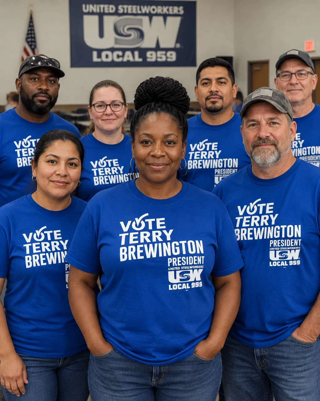 Diverse steelworkers and union members wearing blue United Steelworkers Local 959 shirts at a union gathering